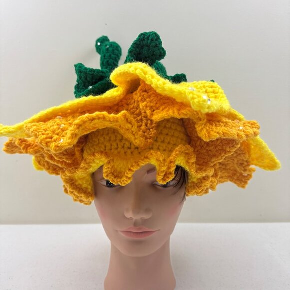 Handmade Crochet Flower Hat With Green Stem & Yellow Petals Fairy Hat Costume
